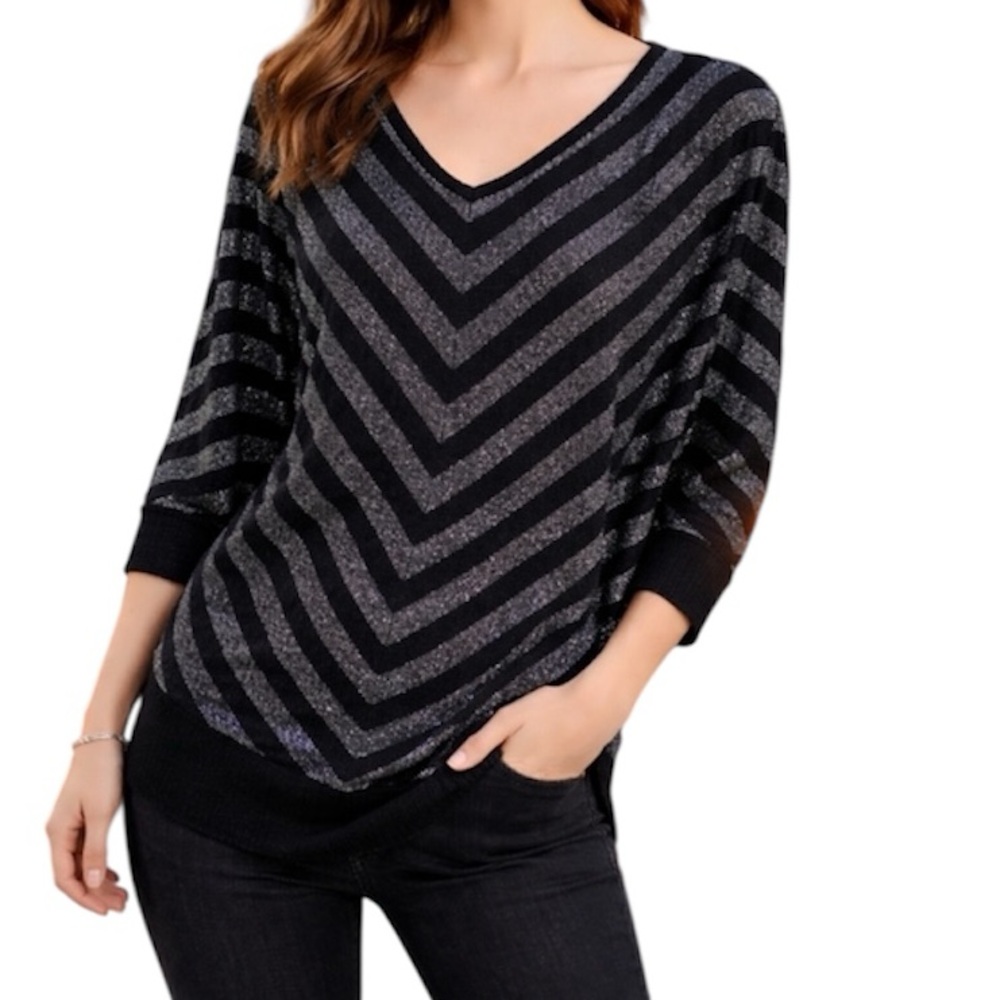Carmen Marc Valvo Sweater Black and Silver Chevron Lightweight Women’s Size 1X